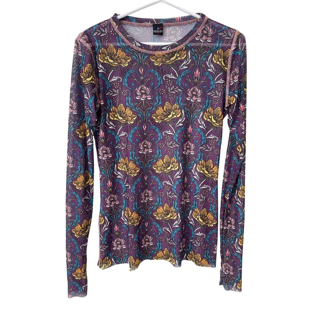 Save The Faith Top Size Small Floral Long Sleeve Mesh Thumbholes Purple Multi